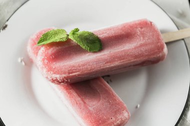 Yaban mersini dondurma ya da dondurmayı yeşil nane ile beyaz sanat plaka üzerinde bırakır. Rustik renk stili. Vintage tarzı dondurulmuş meyve suyu. Üstten görünüm fotoğraf.