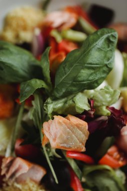 Baked somon sıcak salatası yemek görüntüsünü kapatın. Makro gıda Fotoğrafçılık sağlıklı yemek