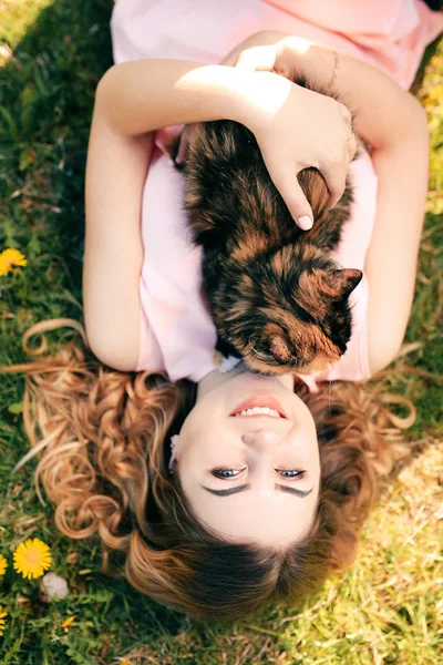 가슴에 고양이 잔디에 누워입니다 따뜻한 Bokeh 배경입니다 고양이 마스크 — 스톡 사진