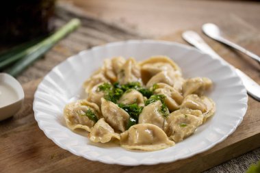 Rus Ulusal Gıda. Üstten görünüm geleneksel Beyaz Rusya yemek. Yeşil ve ekşi ile beyaz tabak köfte. Gıda kavramı.