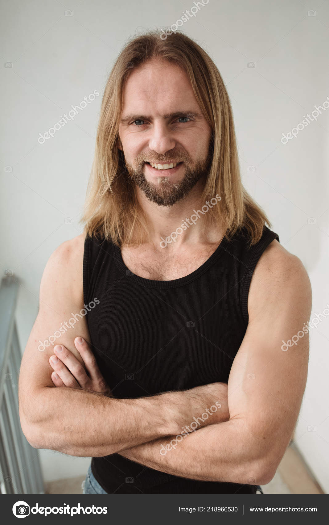 Portrait Man Long Blond Hair Looking Camera Closeup Portrait Young