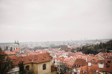 Kırmızı çatılar ve kilise ile Panorama Prag. Praha eski şehir şehir manzarası. Tonlama rustik gri renkler.
