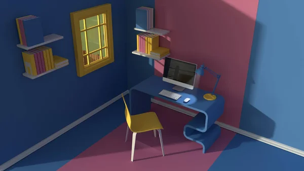 3D renderen. Isometrische weergave van interieur in minimalistische moderne cartoon stijl. Kamer in de avond zon. met stoel, tafel, lamp, raam en boekenplank. Kleurrijke gele, blauwe, roze mock up 3D scène Rendering — Stockfoto