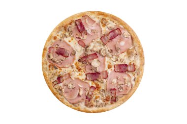 Pizza beyaz arka planda izole edilmiş. Peynir, püre ve pastırma ile sıcak fast food. Menü kartı, web tasarımı, site, mağaza veya teslimat için Gıda Görüntü. Yüksek kaliteli rötuş ve izolasyon