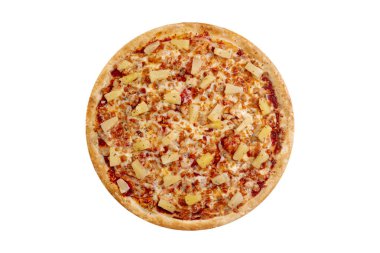 Tatlı Pizza beyaz arka plan izole. Ananas, tavuk ve peynir ile sıcak fast food. Menü kartı, web tasarımı, site, mağaza veya teslimat için Gıda Görüntü. Yüksek kaliteli rötuş ve izolasyon