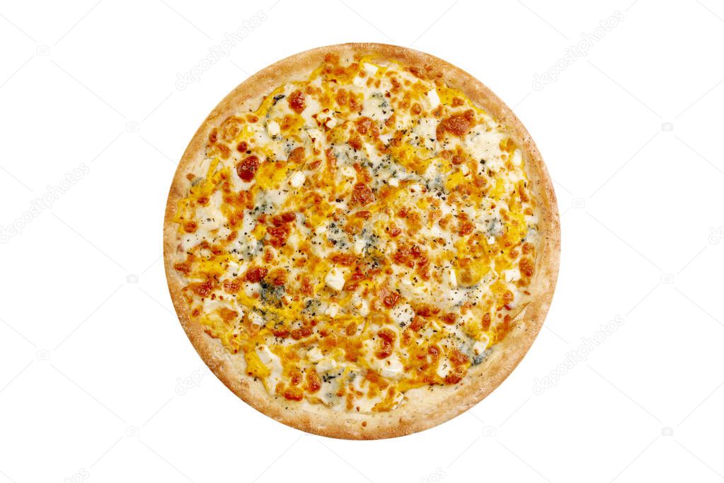 Pizza isolated on white background.Hot fast food 4 cheese with mozzarella and blue cheese. Food Image for menu card, web design, site, shop, advertising or delivery. High quality retouch and isolation