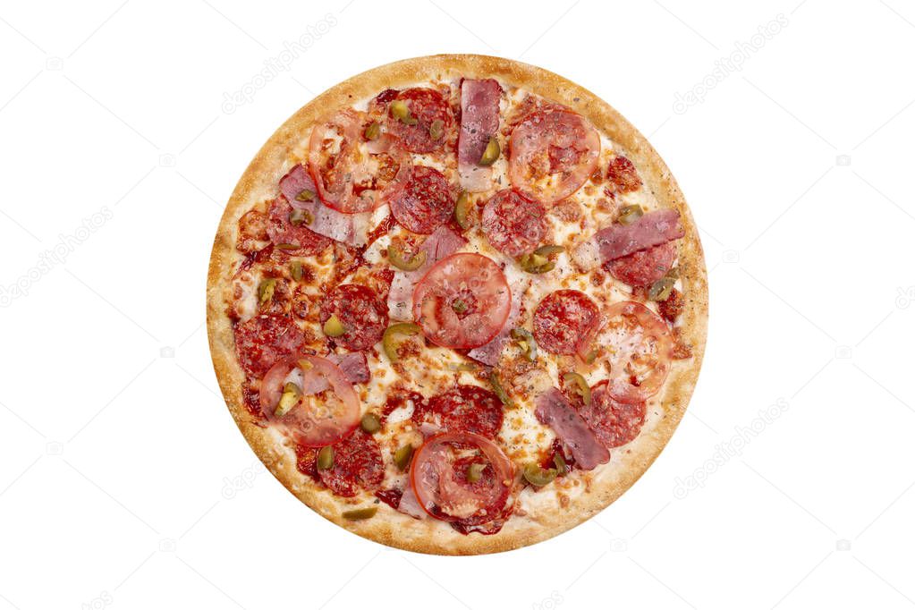 Pizza isolated on white background.Hot fast food with cheese, tomatoes and jalapenos. Food Image for menu card, web design, site, shop or delivery. High quality retouch and isolation
