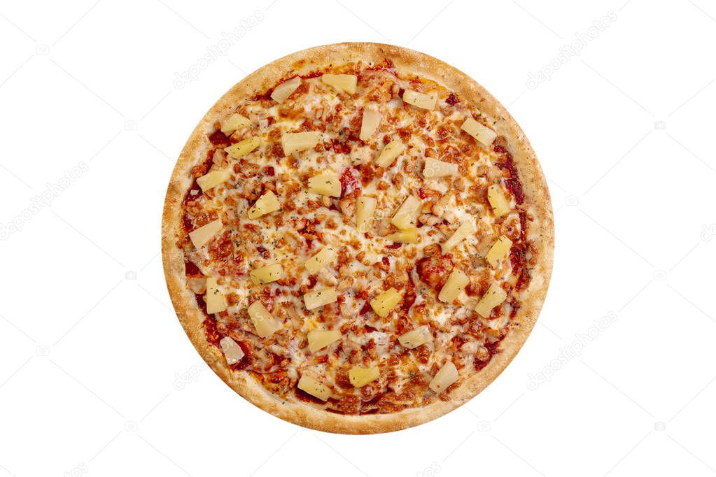 Sweet Pizza isolated on white background.Hot fast food with pineapple, chicken and cheese. Food Image for menu card, web design, site, shop or delivery. High quality retouch and isolation