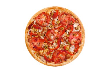 Pizza beyaz arka planda izole edilmiş. Peynir, jambon ve mantar ile sıcak fast food. Menü kartı, web tasarımı, site, mağaza veya teslimat için Gıda Görüntü. Yüksek kaliteli rötuş ve izolasyon