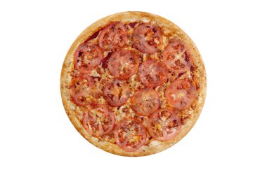 Pizza beyaz arka planda izole edilmiş. Peynir, jambon ve mantar ile sıcak fast food. Menü kartı, web tasarımı, site, mağaza veya teslimat için Gıda Görüntü. Yüksek kaliteli rötuş ve izolasyon