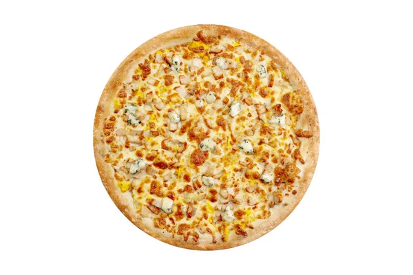 Pizza isoliert auf weißem Hintergrund. Heißes Fast Food mit Käse, Schinken und Pilzen. Food Image für Menükarte, Webdesign, Website, Shop oder Lieferung. hochwertige Retusche und Isolation — Stockfoto