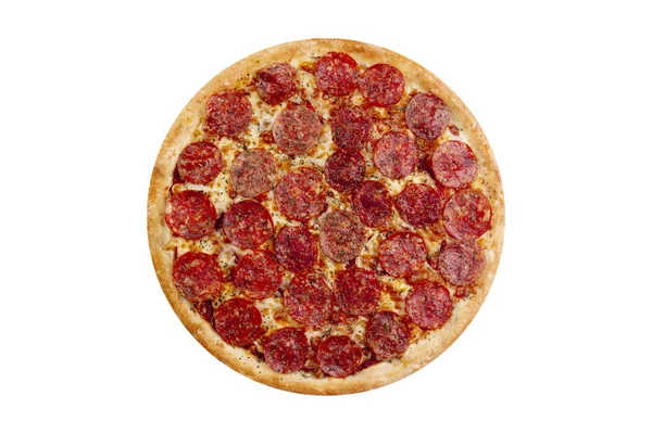 Pizza isoliert auf weißem Hintergrund. Heißes Fast Food mit Käse, Schinken und Pilzen. Food Image für Menükarte, Webdesign, Website, Shop oder Lieferung. hochwertige Retusche und Isolation — Stockfoto