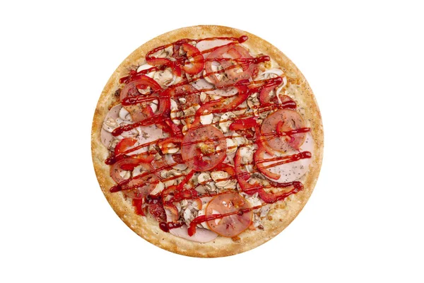 Pizza isoliert auf weißem Hintergrund. Heißes Fast Food mit Käse, Schinken und Pilzen. Food Image für Menükarte, Webdesign, Website, Shop oder Lieferung. hochwertige Retusche und Isolation — Stockfoto