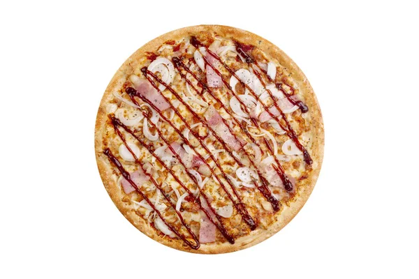 Pizza isoliert auf weißem Hintergrund. Heißes Fast Food mit Käse, Schinken und Pilzen. Food Image für Menükarte, Webdesign, Website, Shop oder Lieferung. hochwertige Retusche und Isolation — Stockfoto