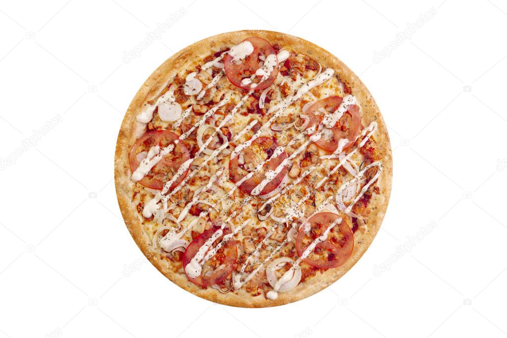 Pizza isolated on white background.Hot fast food with cheese, ham and mushrooms. Food Image for menu card, web design, site, shop or delivery. High quality retouch and isolation