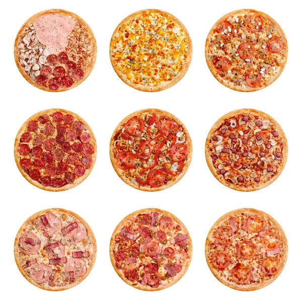 Set von 9 Pizza isoliert auf weißem Hintergrund. Image von Fast Food für Speisekarte, Webdesign, Website, Shop, Werbung oder Lieferung. hochwertige Retusche und Isolation — Stockfoto