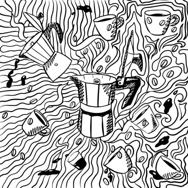 Yetişkinler için vektör boyama sayfası. Soba üstü İtalyan kahve makinesi. Etrafı espresso fincanları, kahve çekirdekleri, kahve damlaları ve soyut çizgileri ile çevrili.