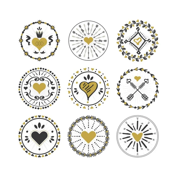 Negro Oro Círculo Corazones Emblemas Sellos Establecidos Sobre Fondo Blanco — Archivo Imágenes Vectoriales