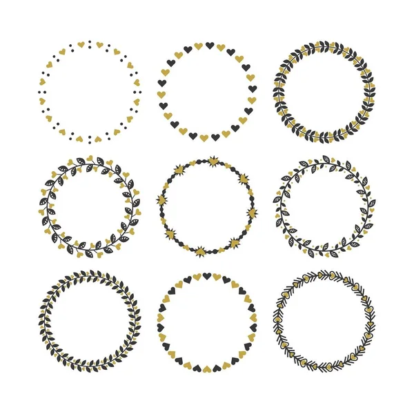 Set Van Zwart Gouden Cirkel Hart Kransen Decoratieve Patronen Emblemen — Stockvector