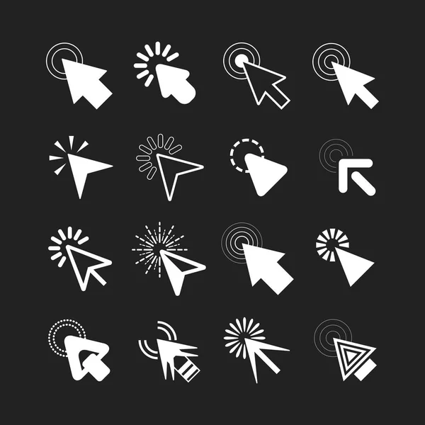 White Cursor Pointers Click Icons Set Black Background — Stock Vector