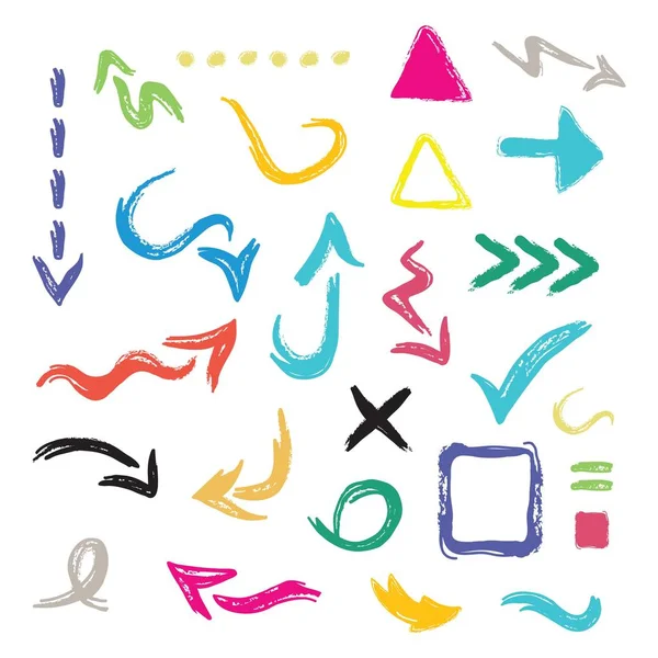 彩色手绘弯曲方向箭头图标设计元素设置在白色背景上 — 图库矢量图片