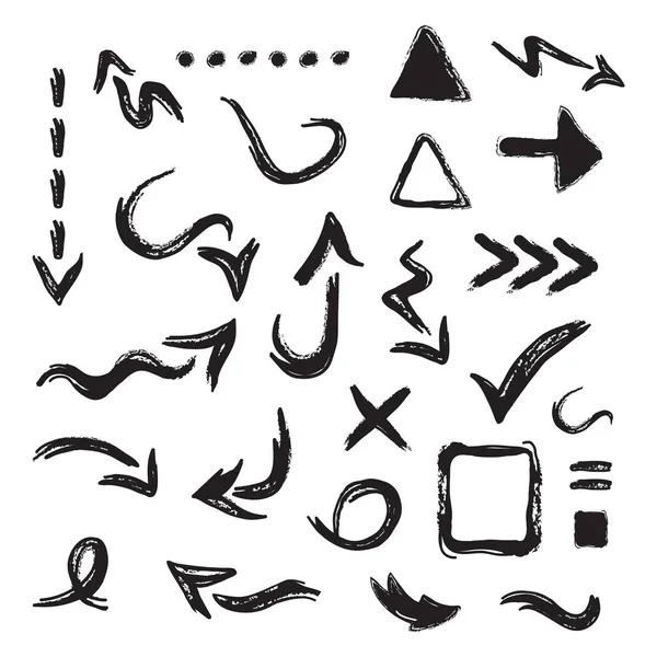 Schwarze Handgezeichnete Kurvige Richtungspfeile Symbole Design Element Auf Weißem Hintergrund — Stockvektor