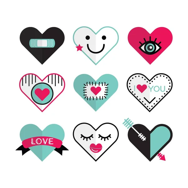 Cute Heart Love Icon Emblems Design Elements Set White Background — Stock Vector