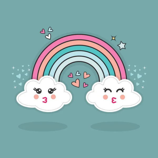 Lindo Abstracto Feliz Beso Emoji Nubes Arco Iris Con Corazones — Vector de stock