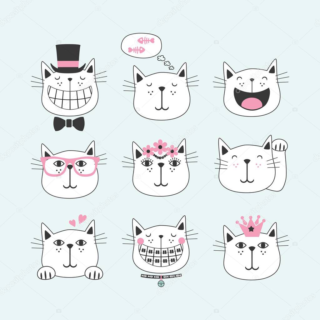 Black line cute smiling cats with different faces icons set on light blue background