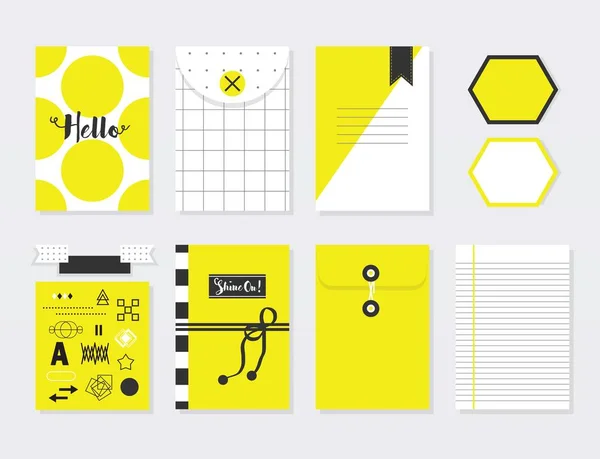 可爱的黄色和白色时髦的纸页和信封设置与您好 黑色符号在不同的设计模板的灰色背景 — 图库矢量图片