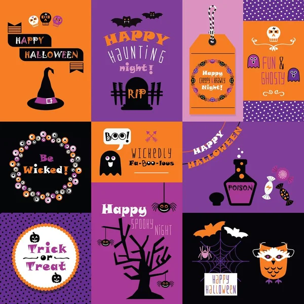 Ensemble Mini Cartes Happy Halloween Orange Rose Violet Beaux Dessins — Image vectorielle