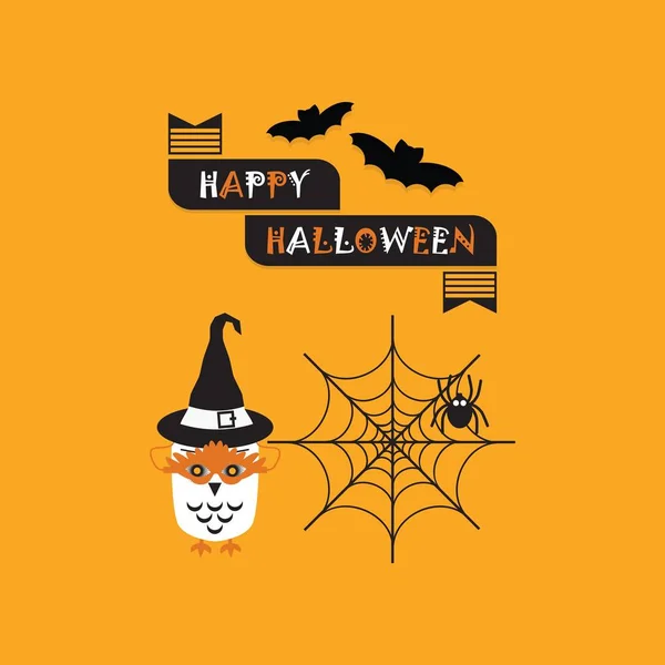 Kreskówka Happy Halloween Baner Spider Web Latające Nietoperze Zamaskowanym Sowa — Wektor stockowy