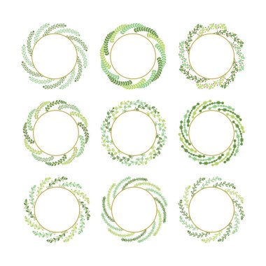 İzole bükülmüş yaprakları yeşil ve altın Noel çelenk tasarım öğeleri beyaz arka plan üzerinde ayarlayın.