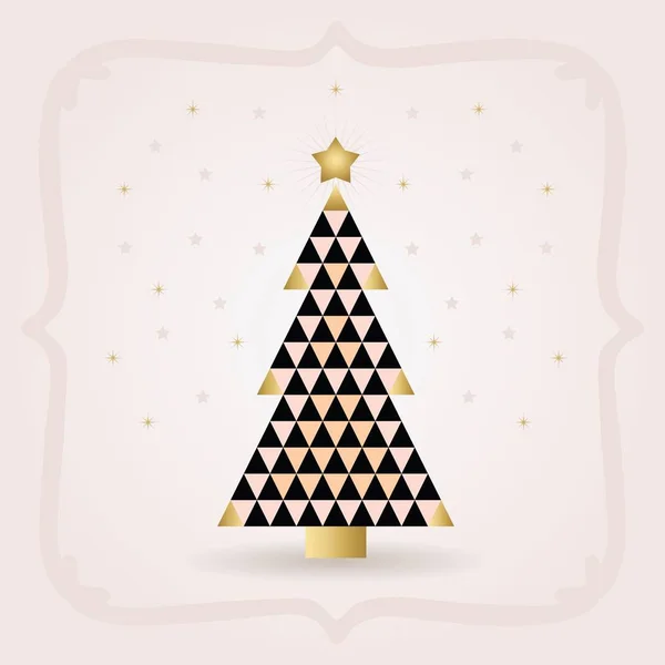 抽象黑色和金色尖三角形瓷砖图案圣诞节松树与闪亮的金色顶星粉红色背景 — 图库矢量图片