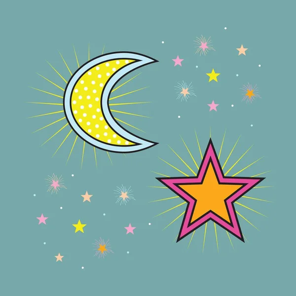 Abstract Yellow Dotted Colorful Moon Stars Icons Sky Night Teal — Stock Vector