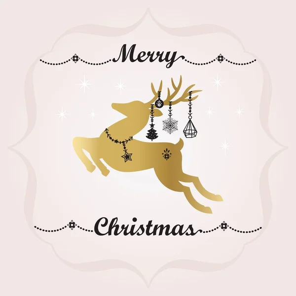 黒と金のメリー クリスマス バナー装飾と ぶら下げ休日の装飾品 ピンクのグラデーションの背景に星のネックレスかわいいジャンプ トナカイ — ストックベクタ