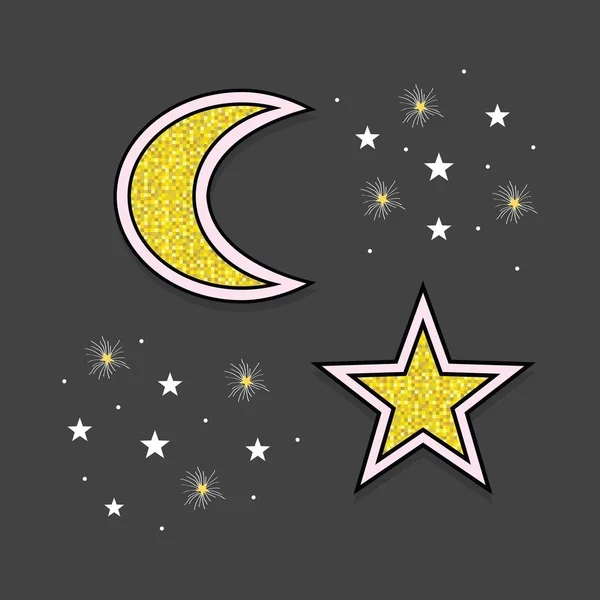 Abstrato Lua Branca Dourada Estrelas Ícones Céu Noite Fundo Preto —  Vetores de Stock