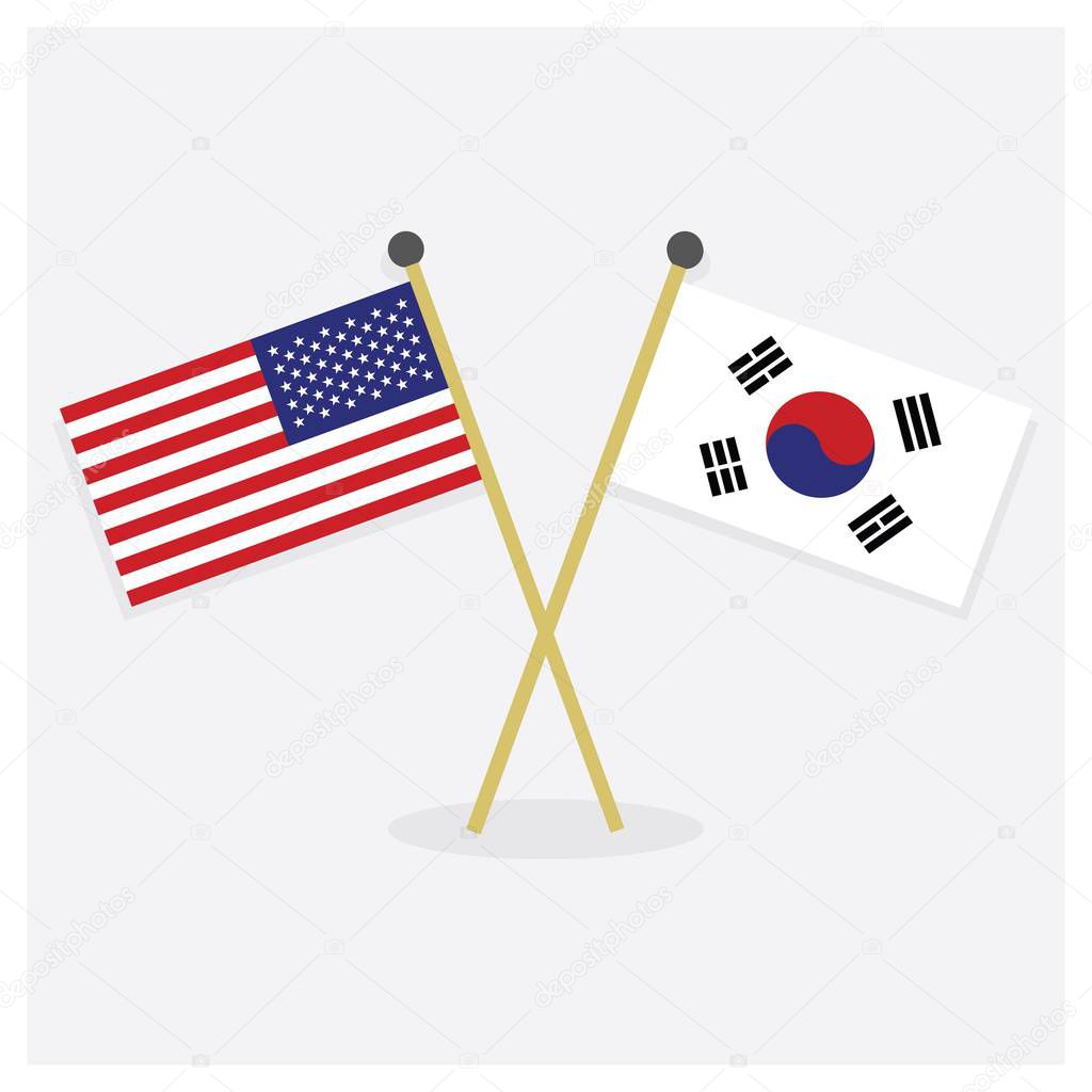 Crossed United States of America Republic Of Korea flags icons with shadow on off white background