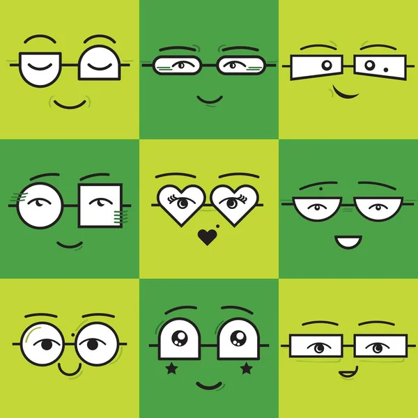 Stickers Carrés Verts Mignons Émoticônes Sourire Visages Icônes Ensemble Avec — Image vectorielle