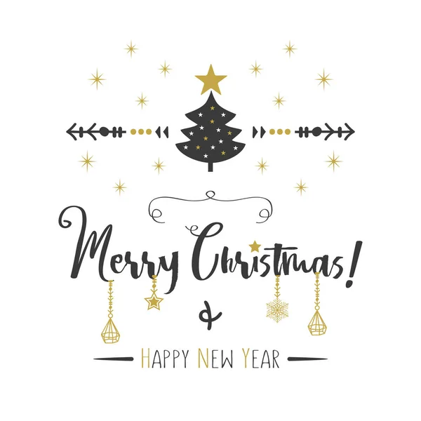 黒と金メリー クリスマスと幸せな新年グリーティング カード白背景にエレガントな吊り飾り — ストックベクタ