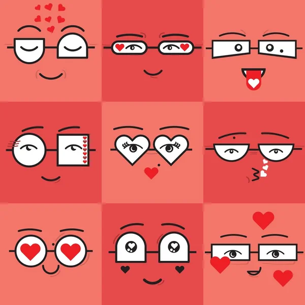 Stickers Mignons Corail Carré Rouge Émoticônes Valentines Visages Icônes Ensemble — Image vectorielle