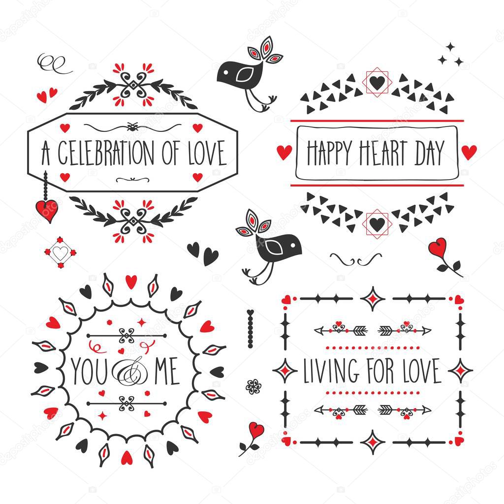 Black and red Love and romantic message banners and emblems design elements set on white background