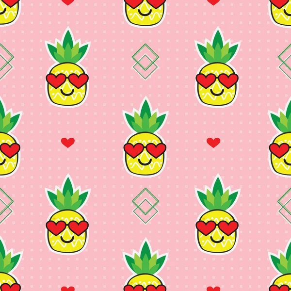 Niedlichen Gelben Cartoon Ananas Emoji Gesicht Mit Rotem Herzen Sonnenbrille — Stockvektor