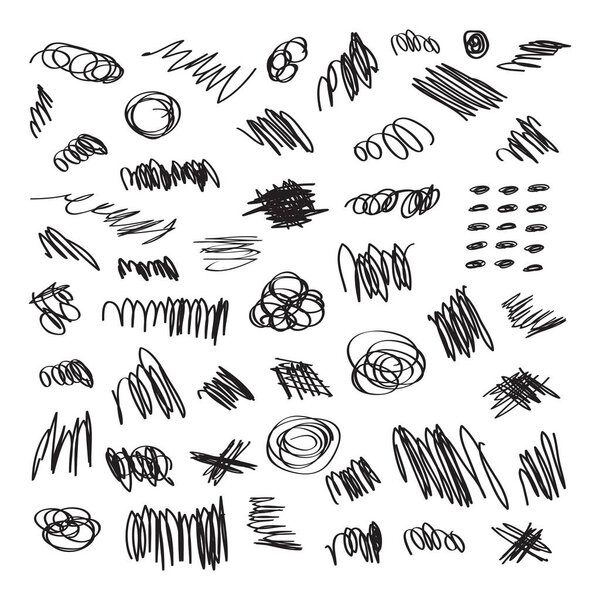 Black ink random hand drawn doodle lines and circles set on white background