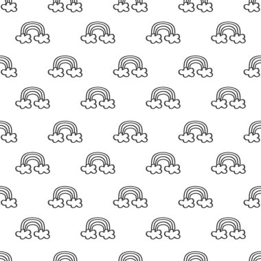Şirin satırları el çekilmiş siyah beyaz arka plan üzerinde bulutlar desenli küçük gökkuşağı hat