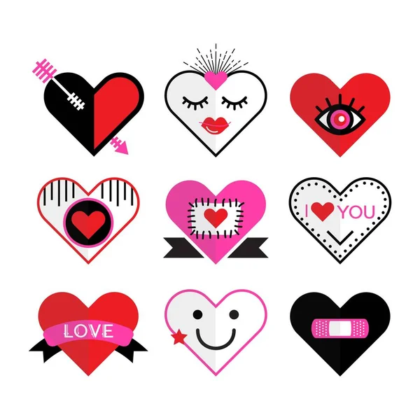 Cute Pink Red Heart Love Icon Emblems Design Elements Set — Stock Vector