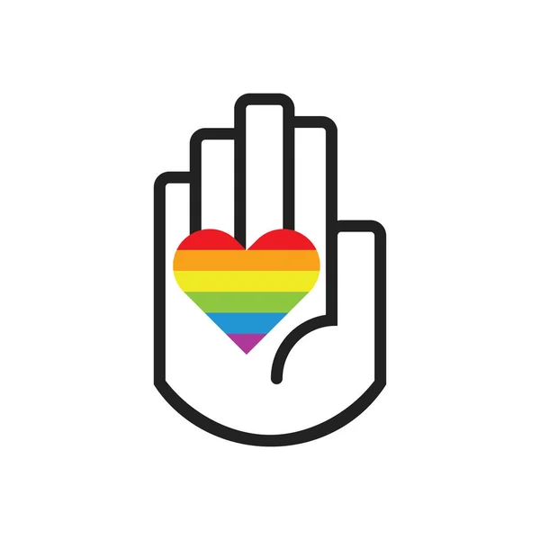 Isolerad Svart Linje Handsymbol Håller Rainbow Pride Flagga Hjärta Underteckna — Stock vektor