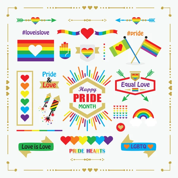 Happy Pride Month Rainbow Flags Icons Emblems Design Elements Set — Stock Vector