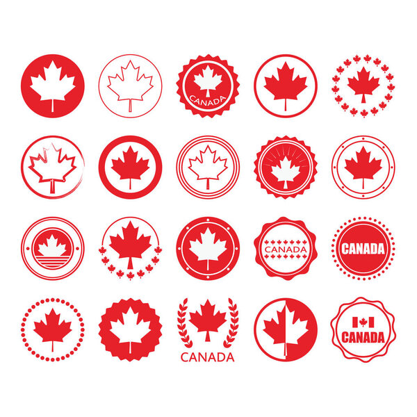 Red Canada flag and maple leaf sign circle emblems and stamps design elements set on white background