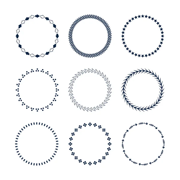 Schattig Donker Blauwe Cirkel Richting Pijlen Sterren Stippen Emblemen Pictogrammen — Stockvector